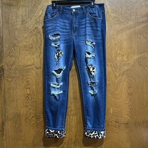 KanCan Women's Size 13 Skinny Jeans Blue Leopard Patch Distressed Cuffs - EUC